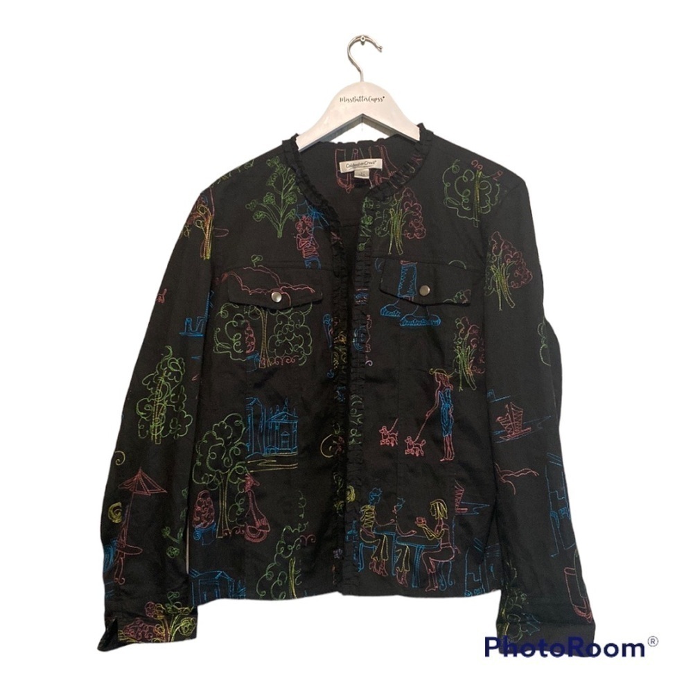 Coldwater Creek Womens colorful embroidered city themed open jacket | Large